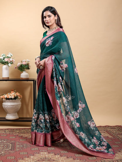 Stunning Teal Floral Saree with Contrast Pink/Maroon Zari Border