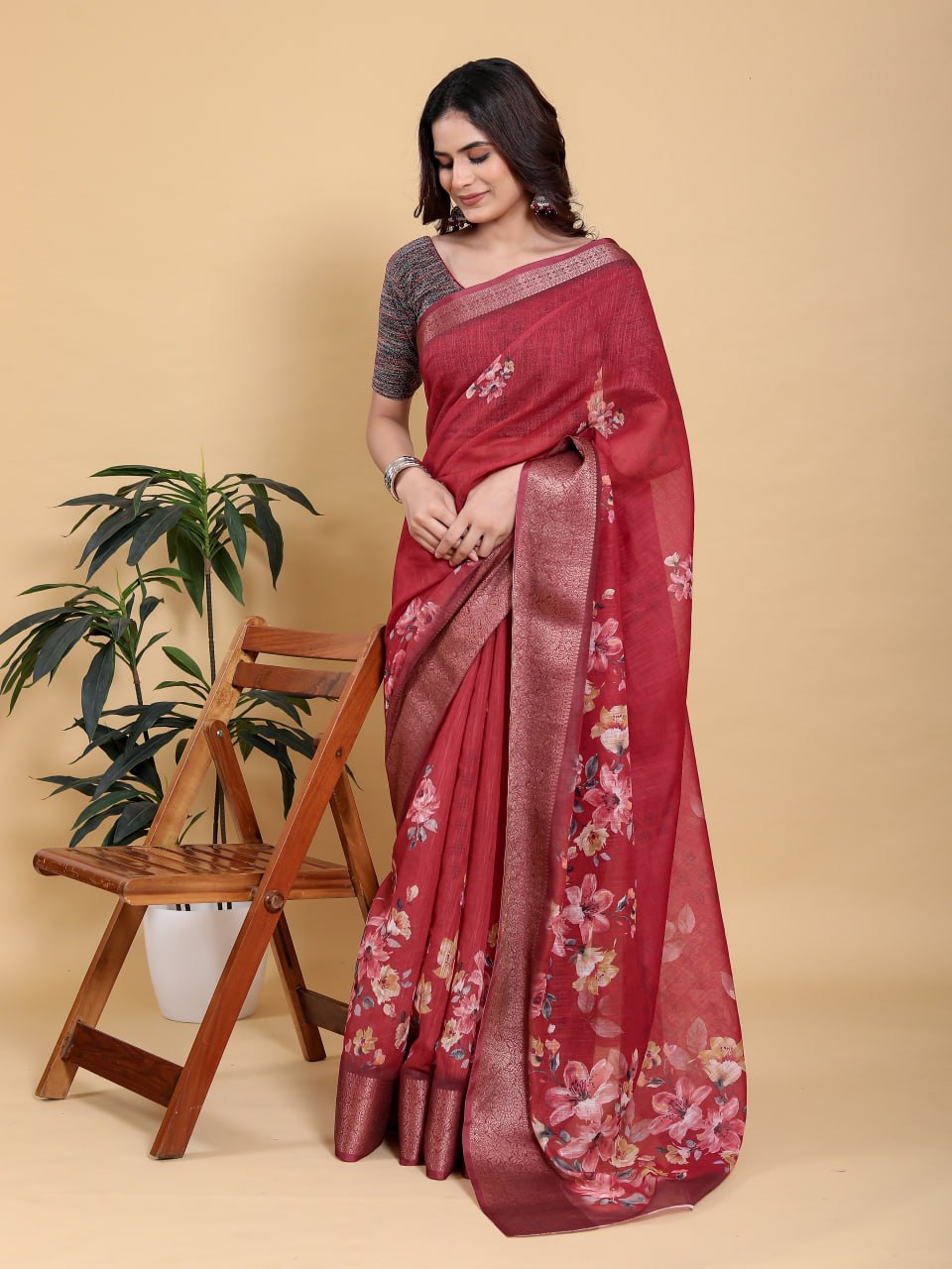 Rich Maroon Floral Print Saree with Metallic Zari Border