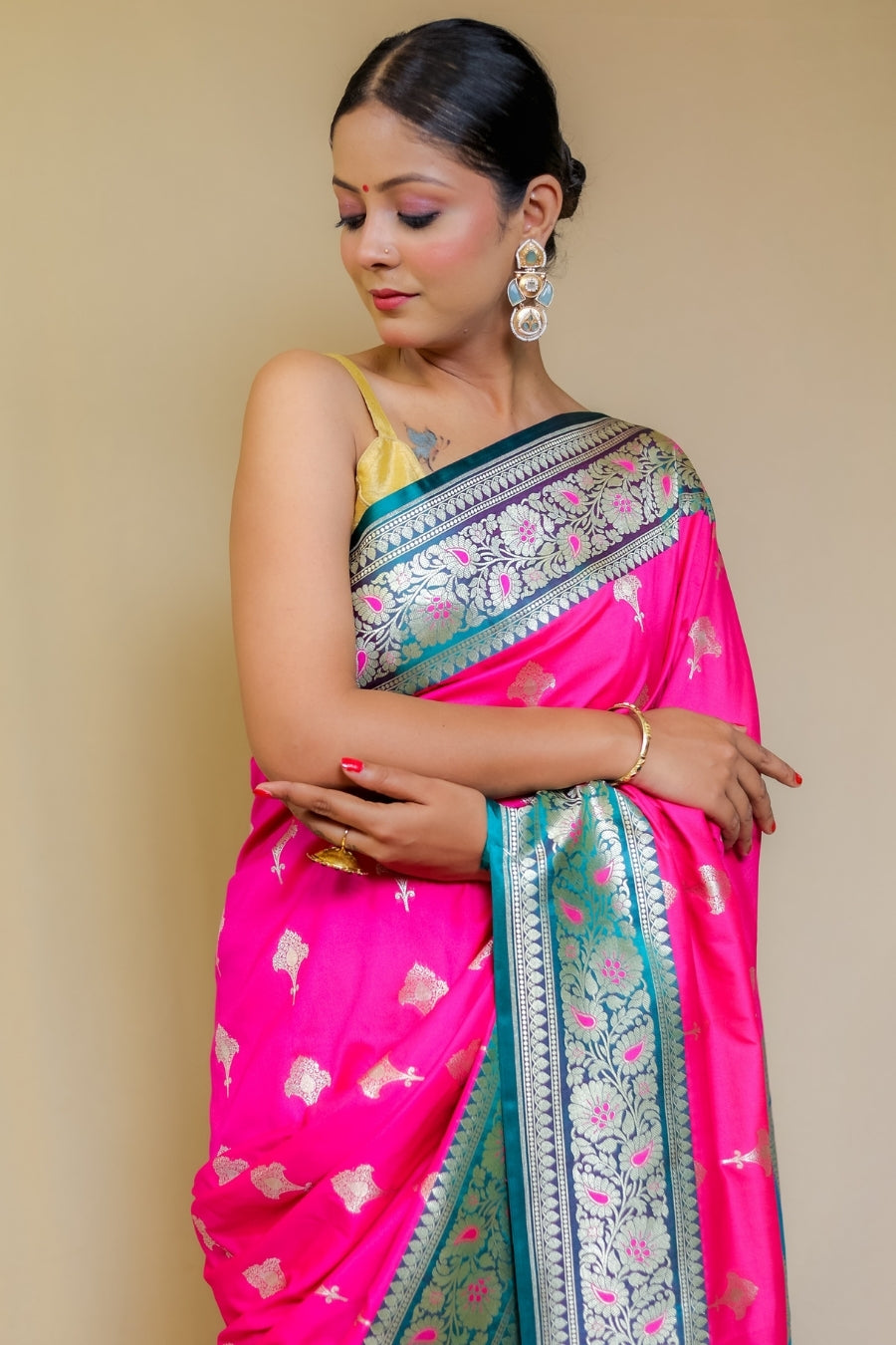 Banarashe Rani Pink & Peacock Blue Designer Banarasi Kataan Satian Silk Saree