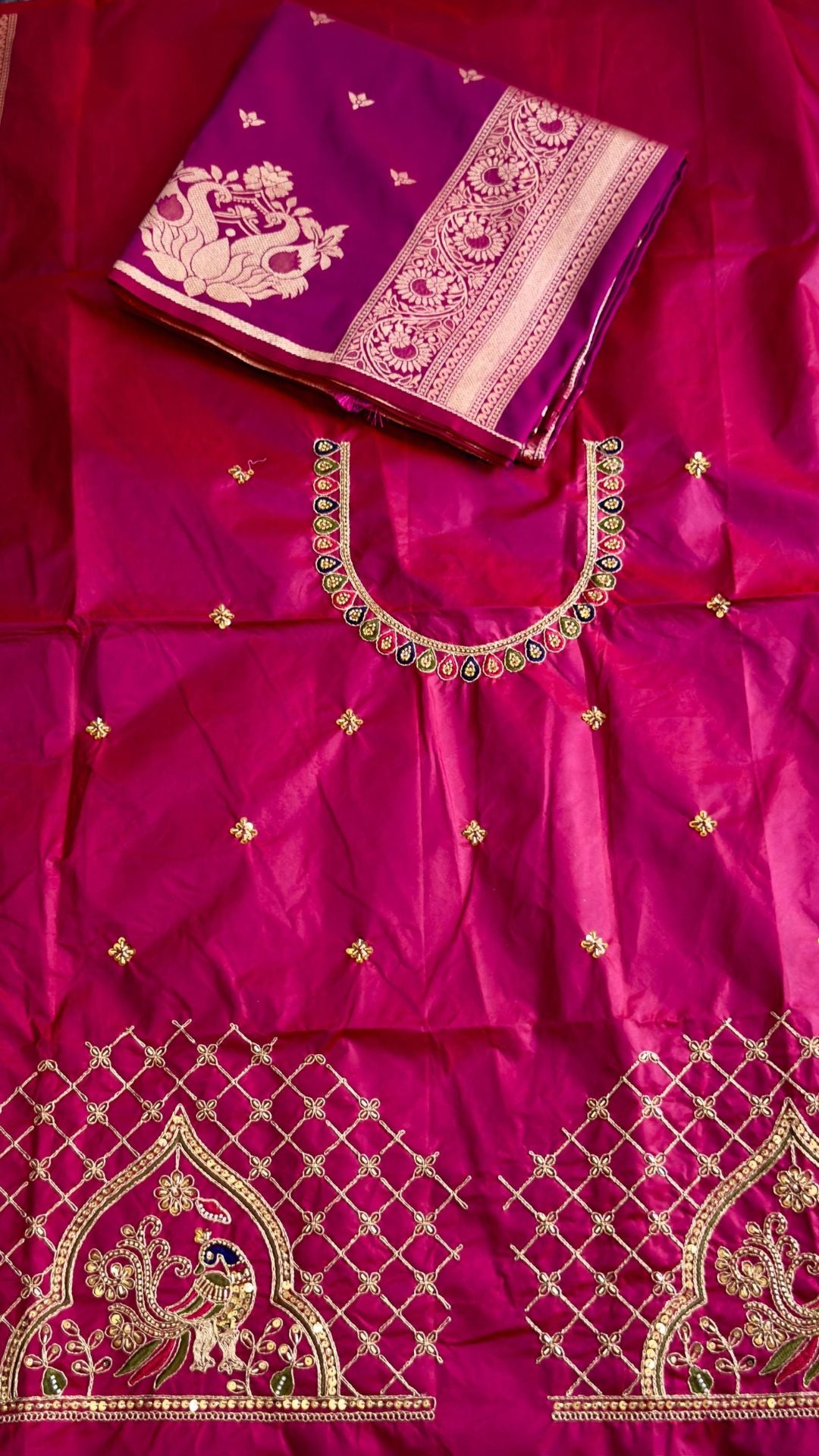 Rani Pink Paithani Silk Saree with Peacock Motifs & Aari Blouse