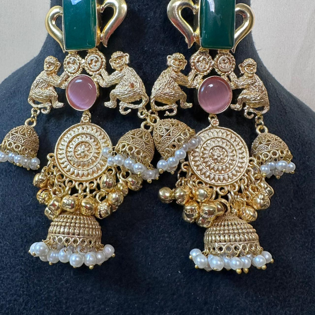 Banarashe Temple Heritage Earrings Green & Pink Gemstone Brass Danglers