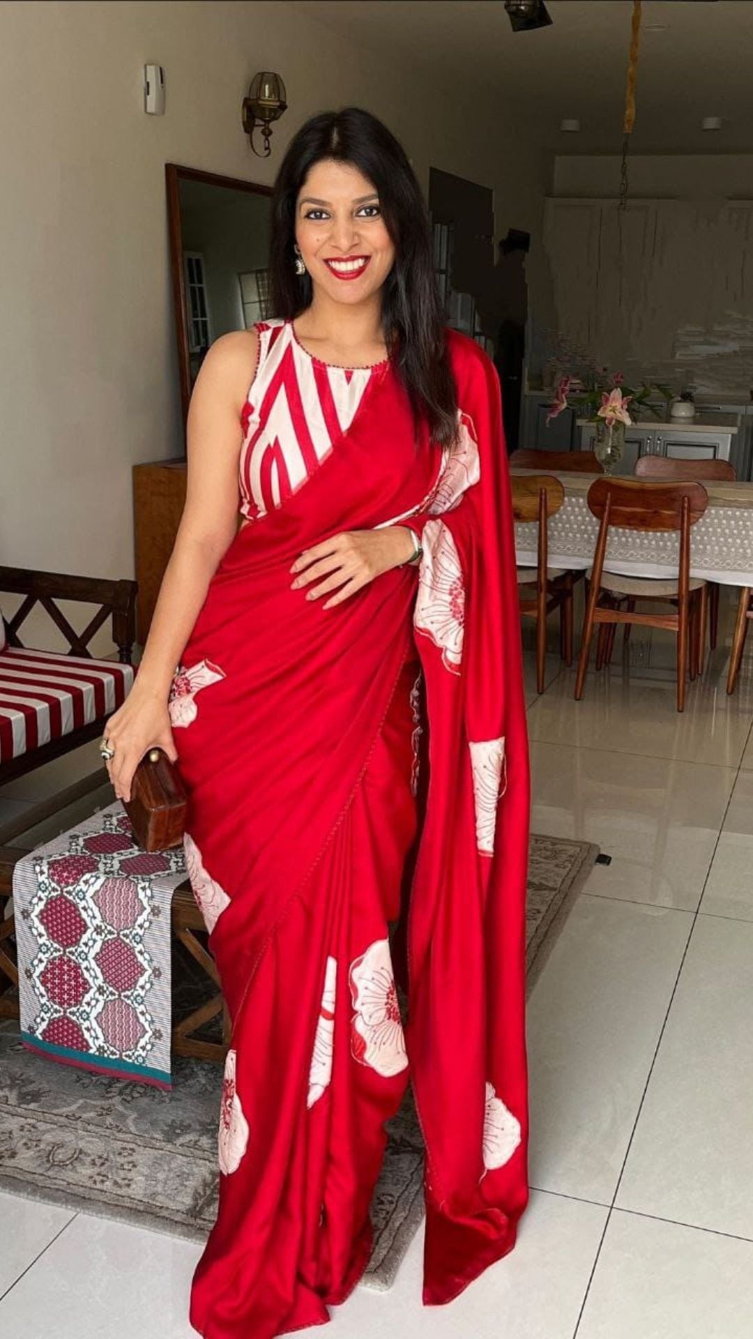 Office Wear Satin Saree – Red Digital Print