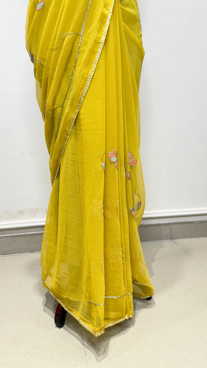 Banarashe Mustard Yellow Embroidered Saree with Multicolour Floral Motifs & Silver Lace Border