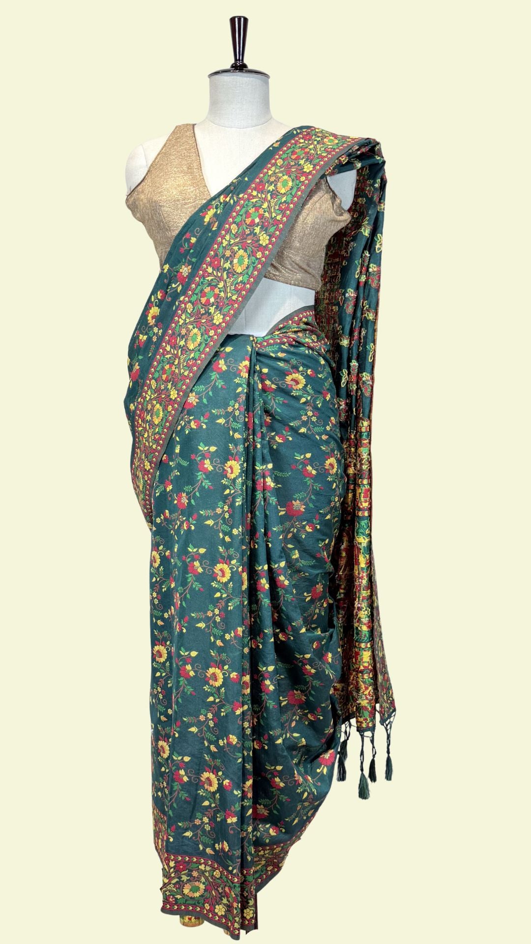 Dark Green Cotton Saree with Floral Meenakari Weaving