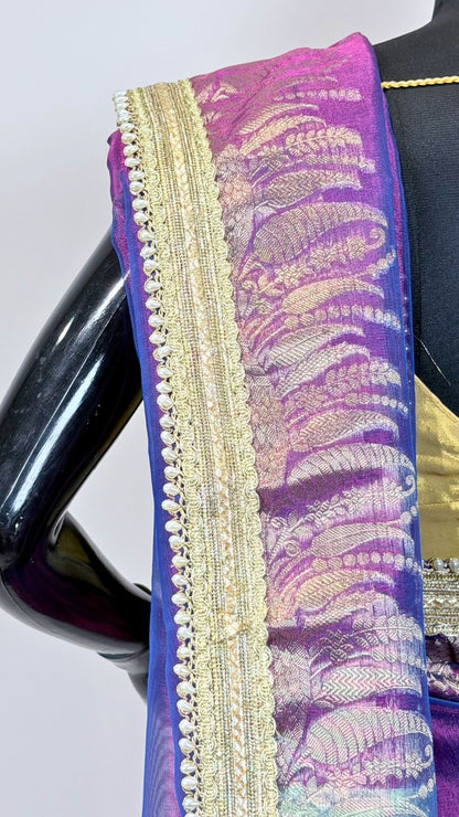 Purple Tissue Saree with Rich Zari Border & Moti Lace
