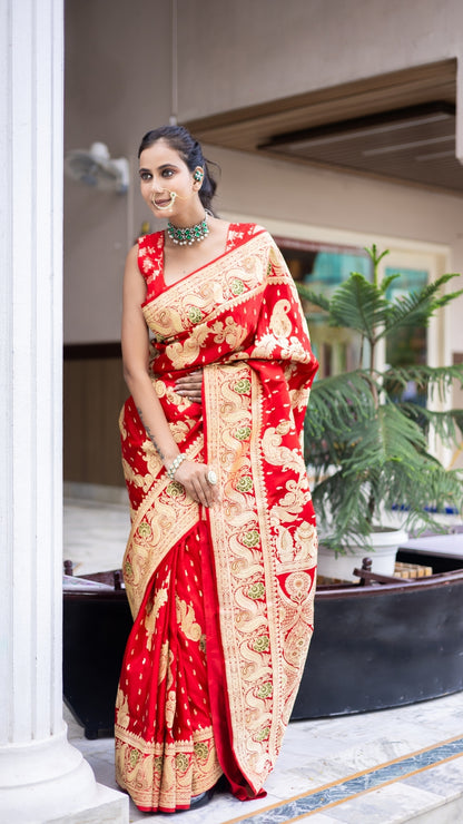 Bridal Blaze Red Banarasi Saree with Gold Woven Motifs