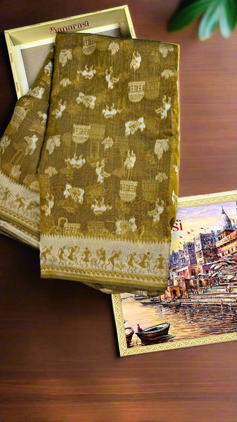 Banarashe Mustard Gold & Cream Handloom Banarasi Cotton Saree with Animal Motifs