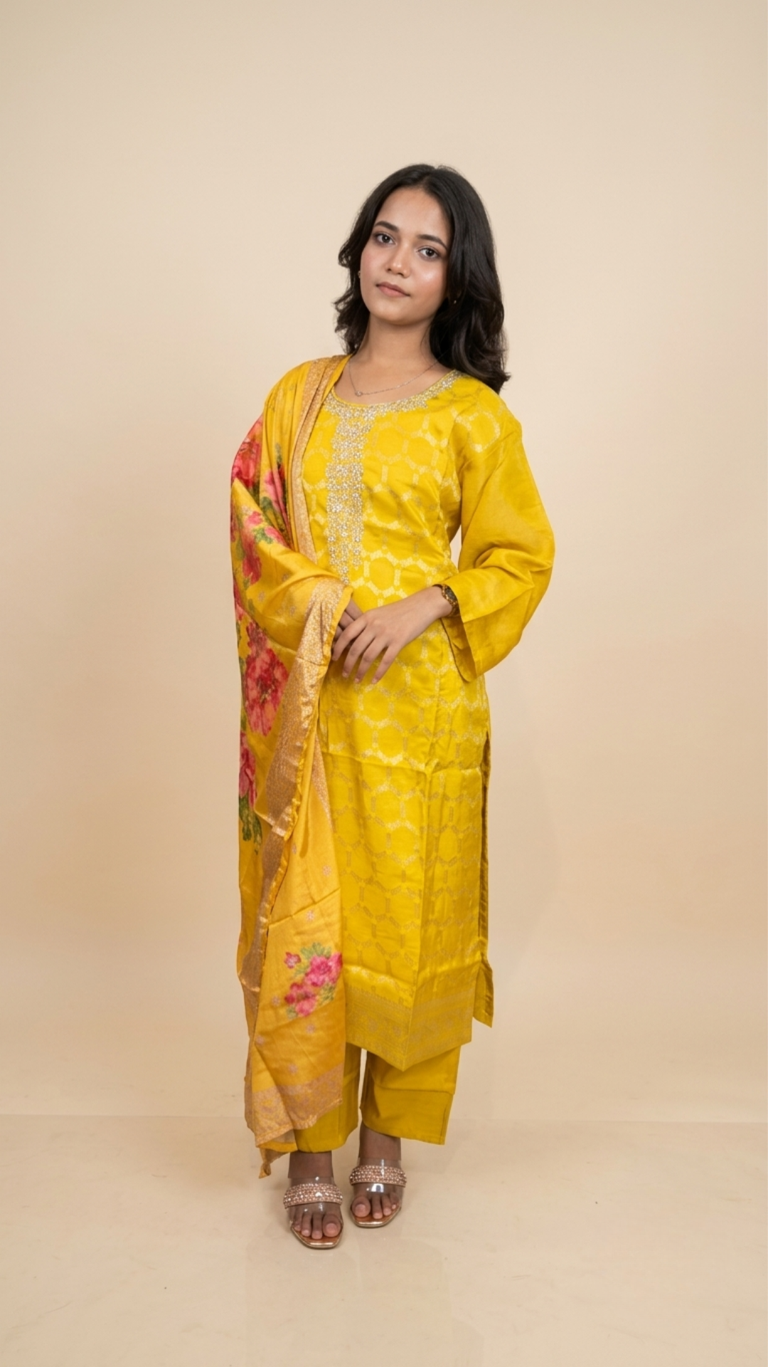 Premium Bright Yellow Embroidered Straight Kurta With Floral Dupatta Set