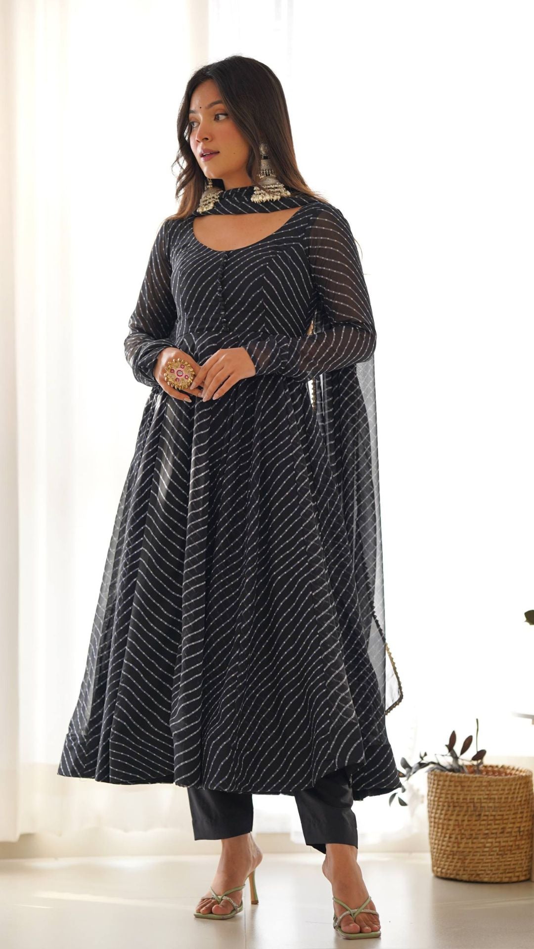Black Laheriya Anarkali Suit Set with Dupatta