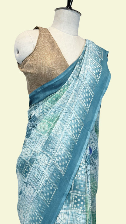 Floral Teal Geometric Synthetic Saree