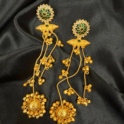 Gold Plated Jhumka Earrings with Green Stone