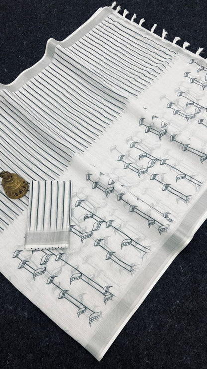 Off-White & Black Bird Print Linen Saree – Silver Zari Edition
