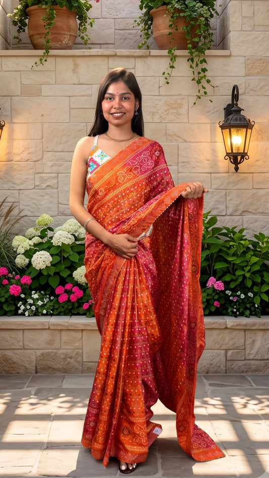 The Radiant Orange & Pink Bandhani Saree by Banarashe