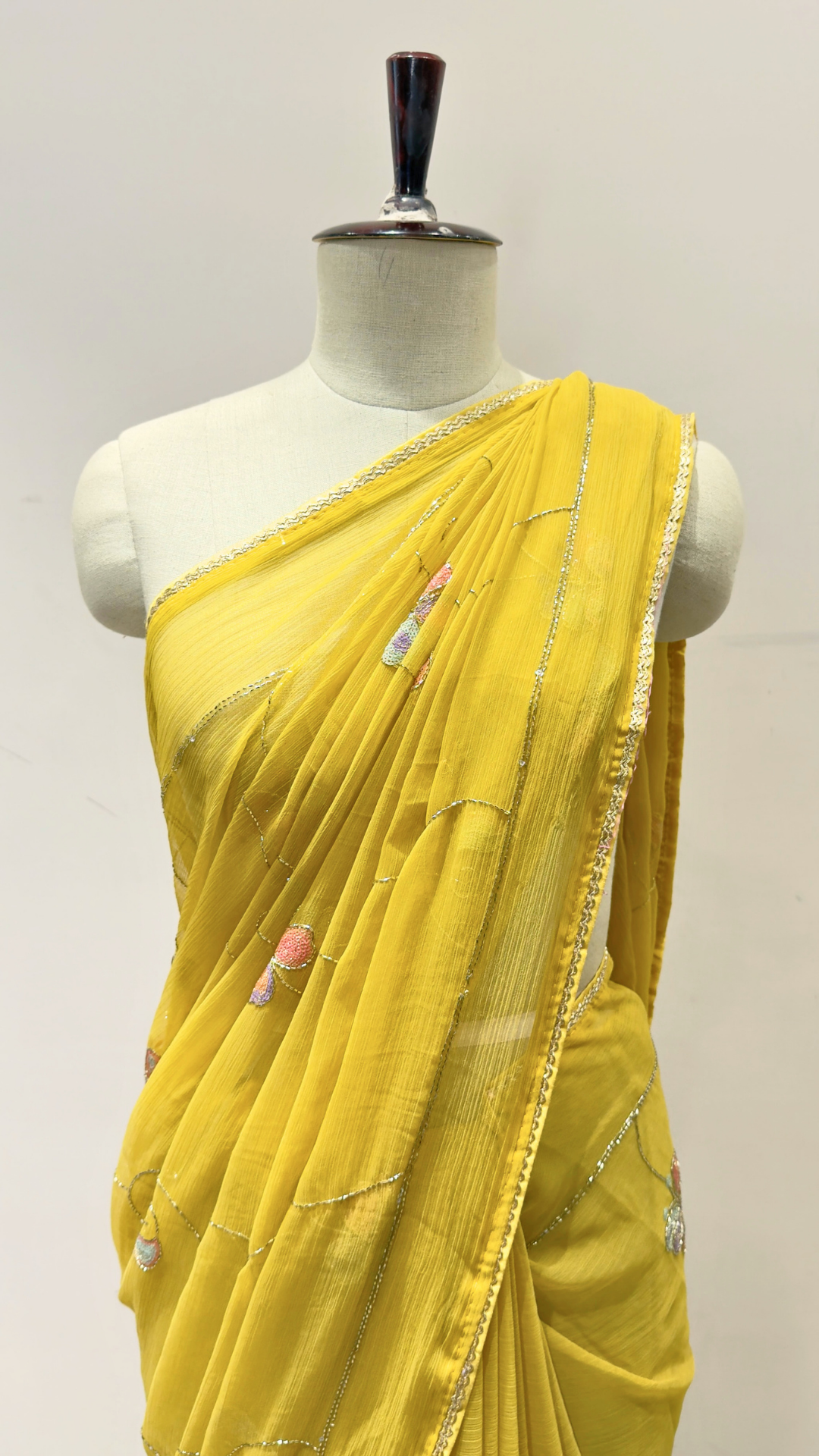 Banarashe Mustard Yellow Embroidered Saree with Multicolour Floral Motifs & Silver Lace Border