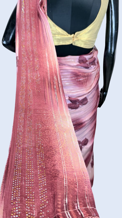Mauve Pink Printed Synthetic Saree with Leaf Print