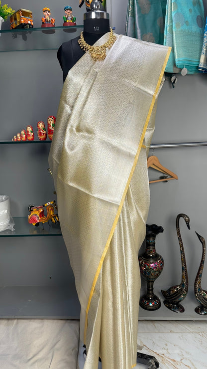 Light Yellow and cream banarasi crush tissue saree