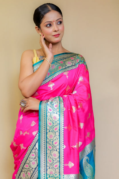 Banarashe Rani Pink & Peacock Blue Designer Banarasi Kataan Satian Silk Saree