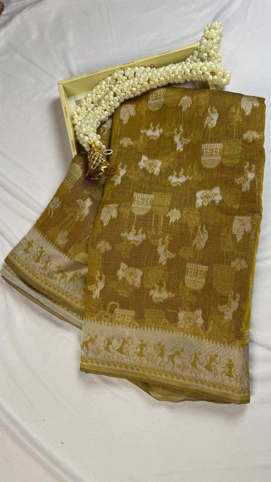 Banarashe Mustard Gold & Cream Handloom Banarasi Cotton Saree with Animal Motifs