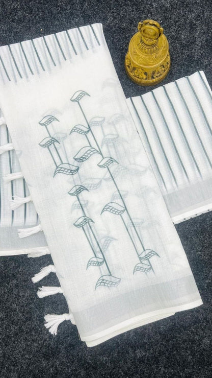 Off-White & Black Bird Print Linen Saree – Silver Zari Edition