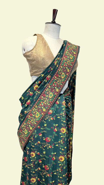 Dark Green Cotton Saree with Floral Meenakari Weaving