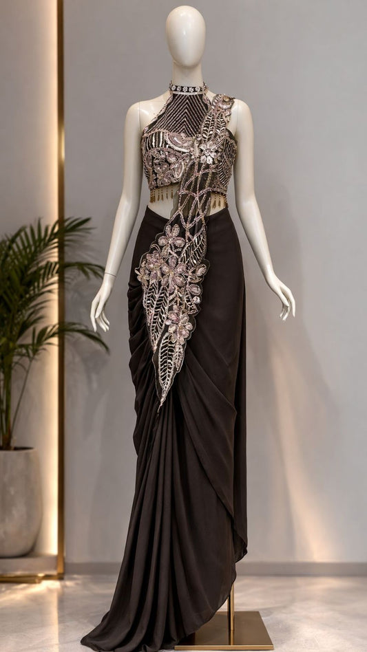 Black Embroidered Ready-to-Wear Saree with Designer Blouse