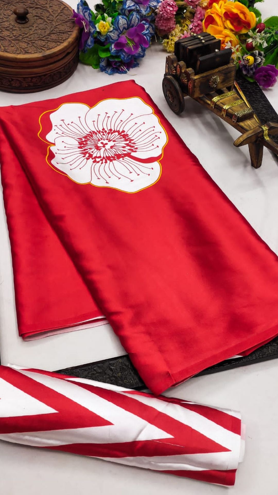 Office Wear Satin Saree – Red Digital Print
