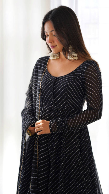 Black Laheriya Anarkali Suit Set with Dupatta