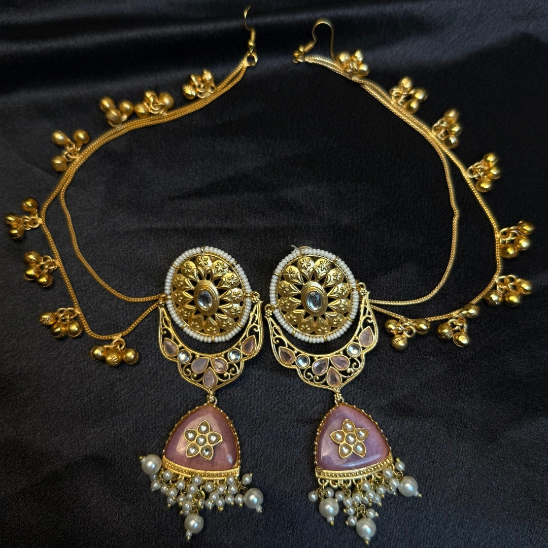 Kundan stones, pearls, and gold-plated kashmiri jhumka