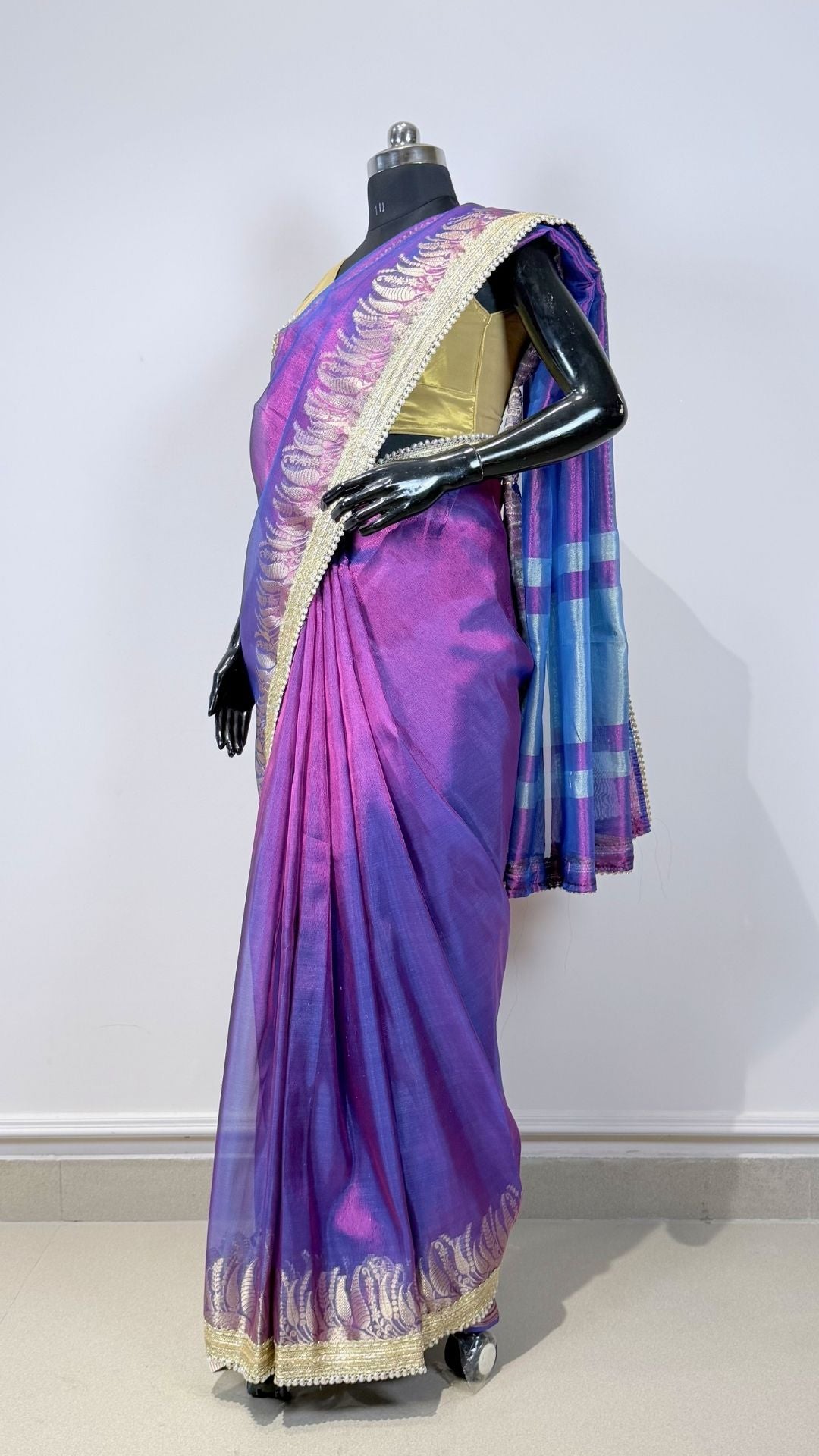 Purple Tissue Saree with Rich Zari Border & Moti Lace