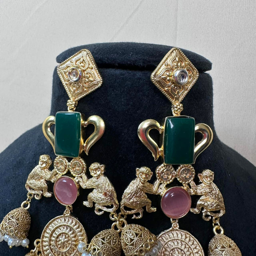 Banarashe Temple Heritage Earrings Green & Pink Gemstone Brass Danglers