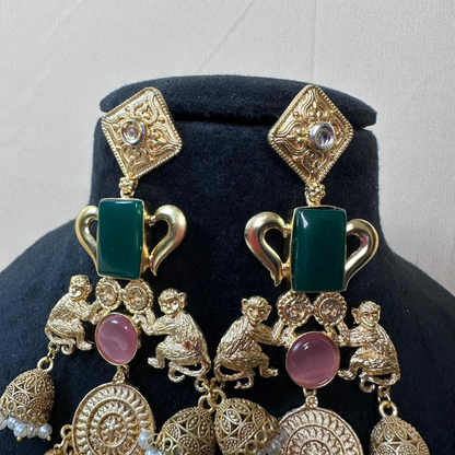 Banarashe Temple Heritage Earrings Green & Pink Gemstone Brass Danglers