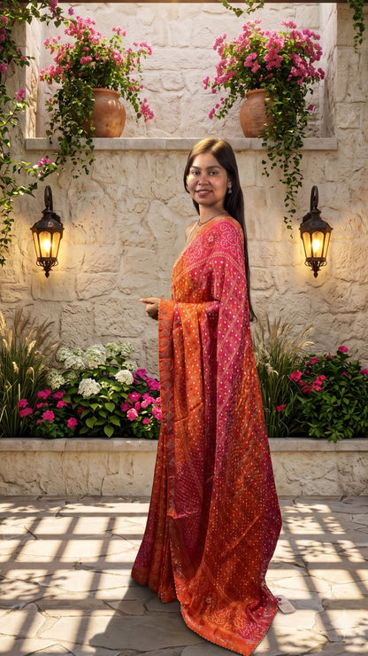 The Radiant Orange & Pink Bandhani Saree by Banarashe