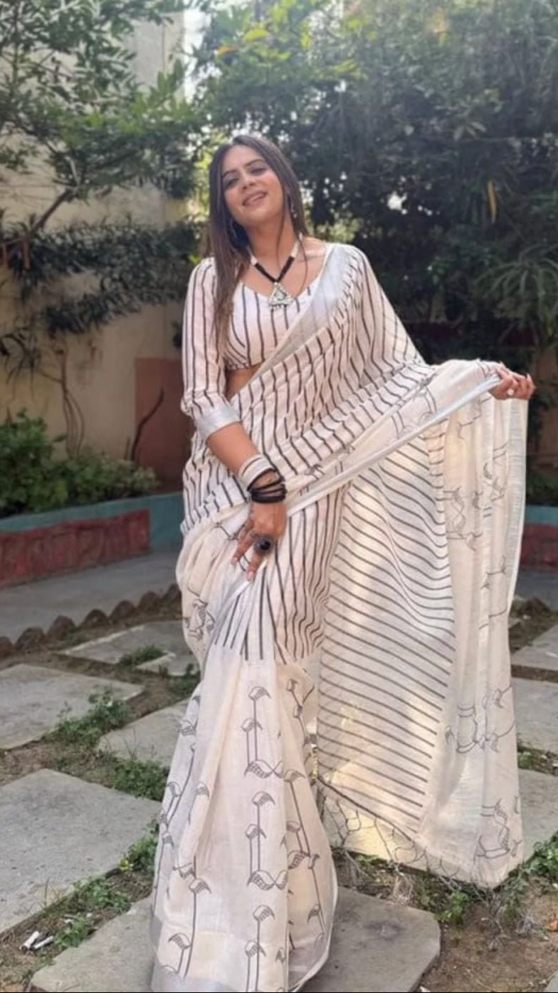 Off-White & Black Bird Print Linen Saree – Silver Zari Edition