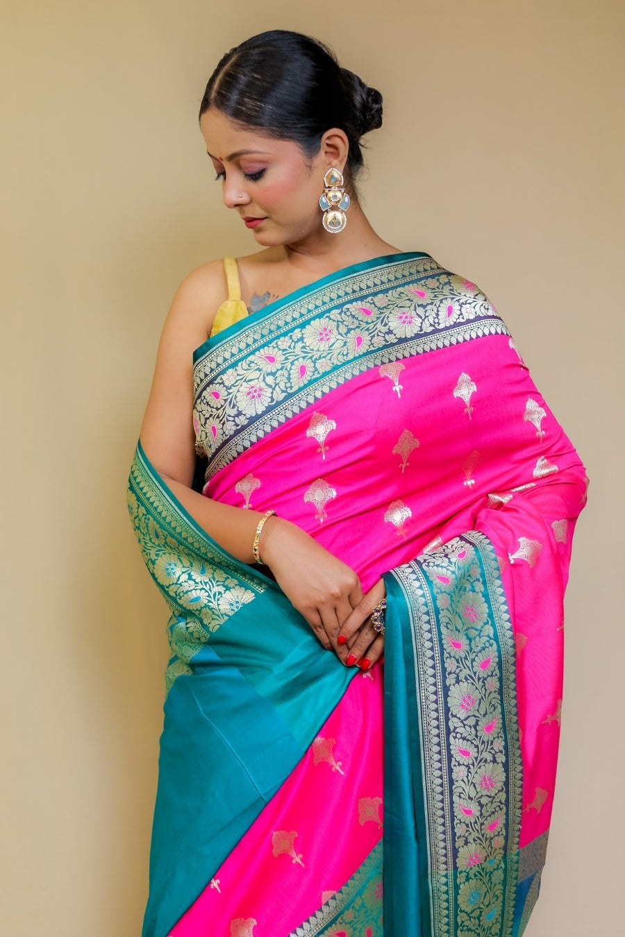 Banarashe Rani Pink & Peacock Blue Designer Banarasi Kataan Satian Silk Saree