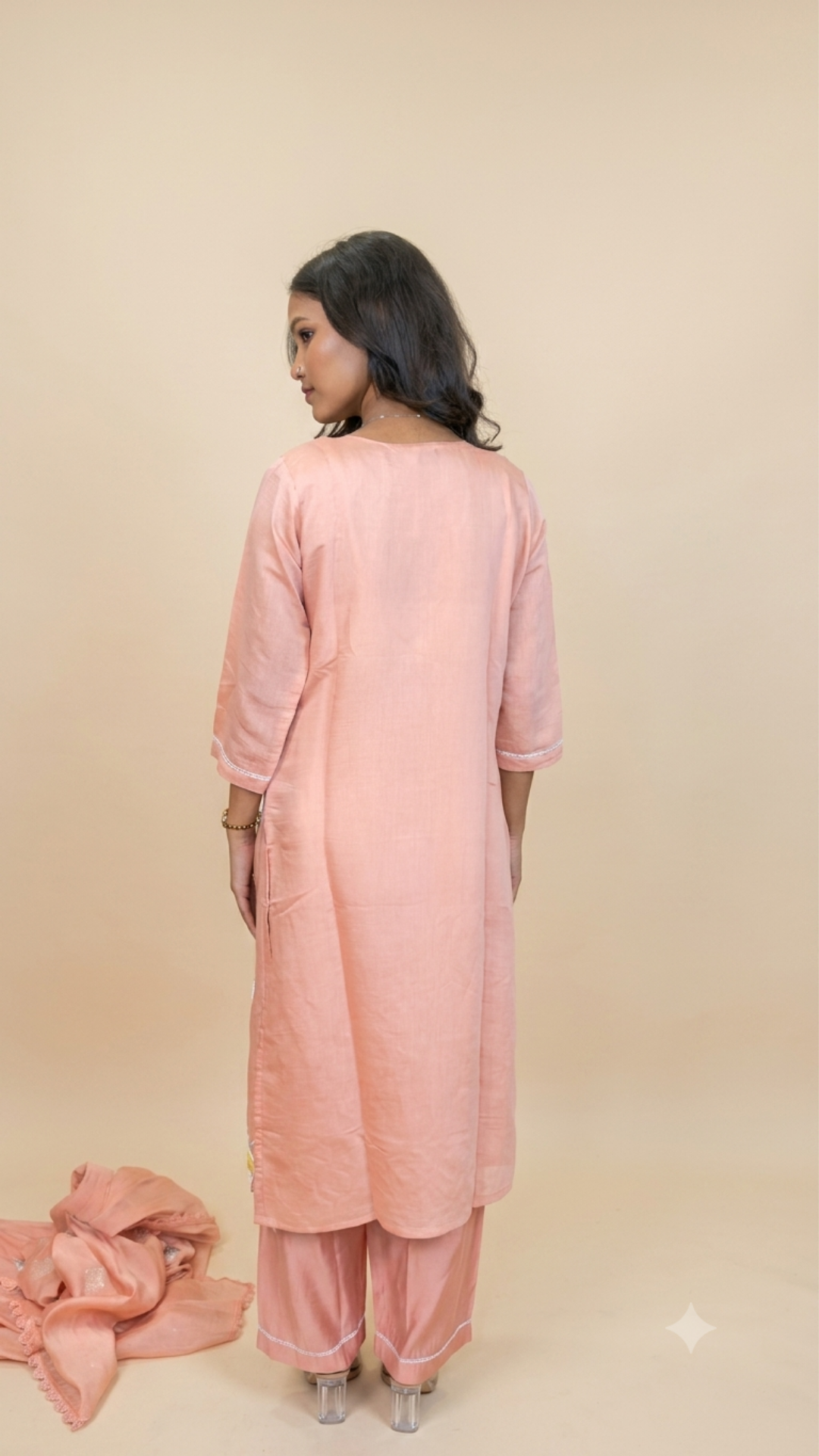 Premium Peach Geometric Embroidered Straight Kurta With Pant & Dupatta Set