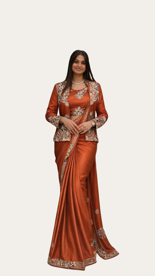 Ready-to-Wear Burnt Orange Saree Set with Intricate Embroidery Jacket