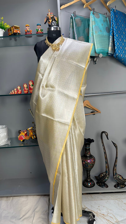 Light Yellow and cream banarasi crush tissue saree