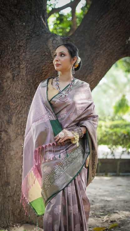 Cotton Zamdani Plain Saree – Purple with Green Border