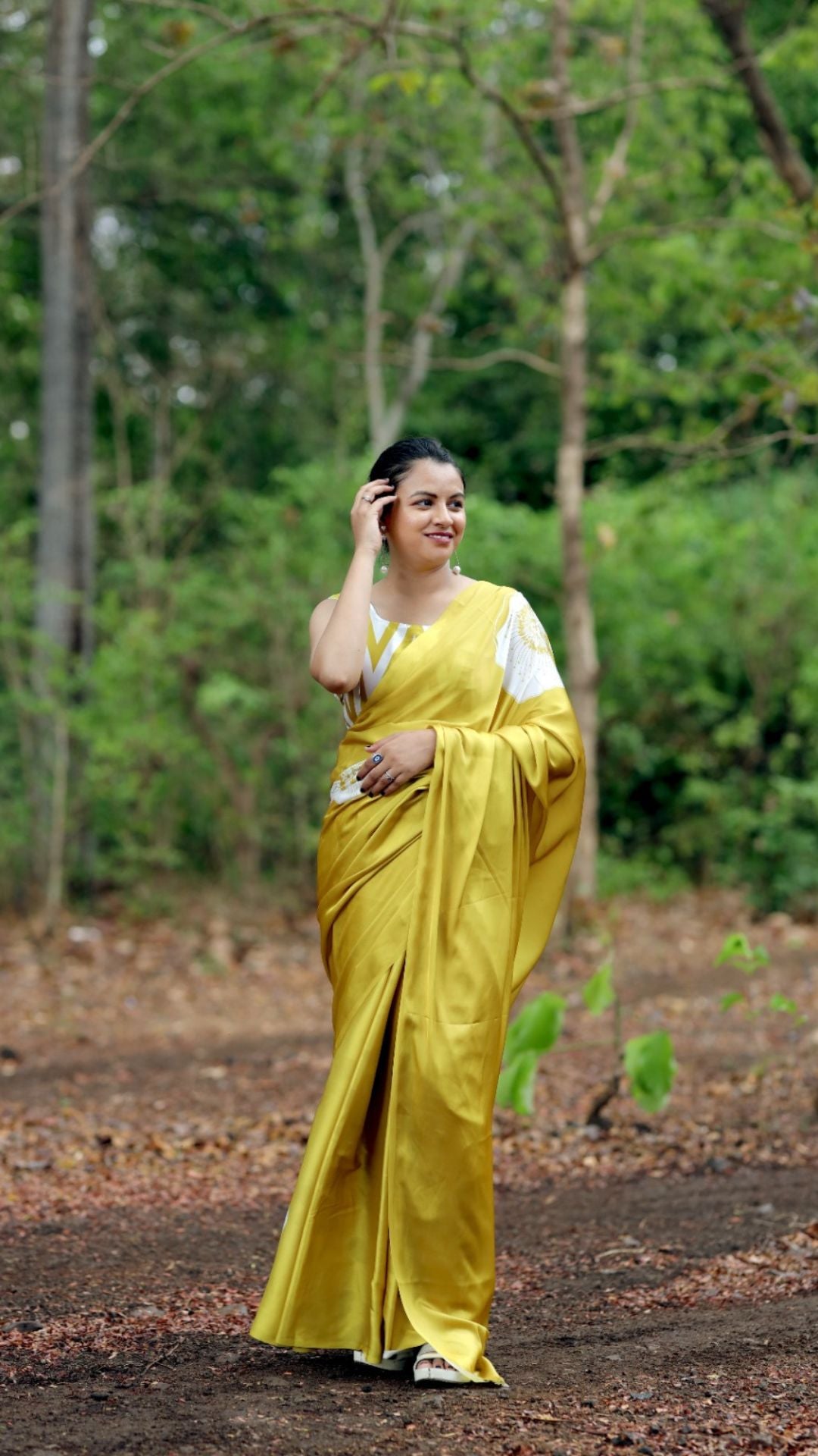 Office Wear Satin Saree – Mustard Yellow Digital Print