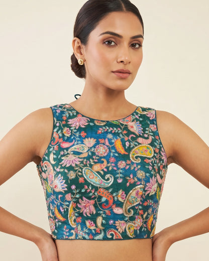 Banarashe Teal Kalamkari Floral Sleeveless Blouse
