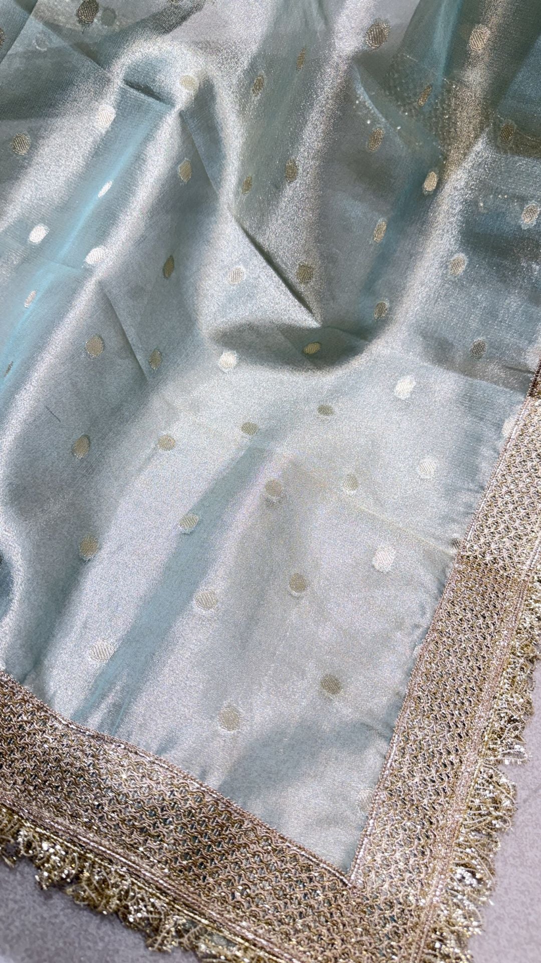 Pastel Mint Blue Tissue Silk Saree with Gold Lace Border