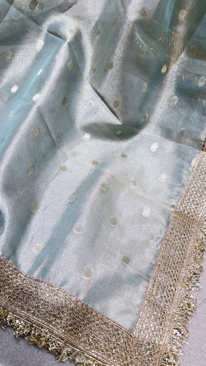 Pastel Mint Blue Tissue Silk Saree with Gold Lace Border