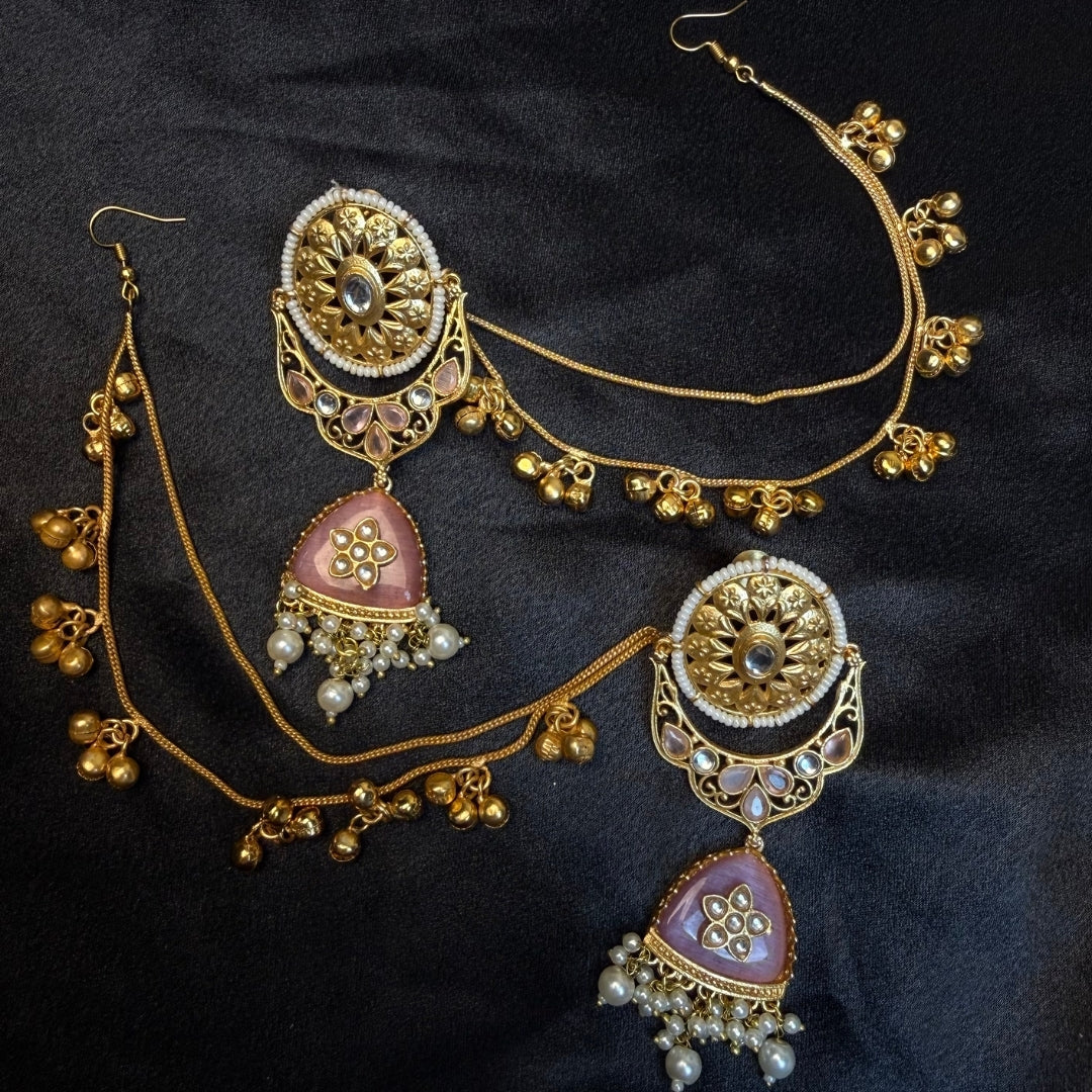 Kundan stones, pearls, and gold-plated kashmiri jhumka