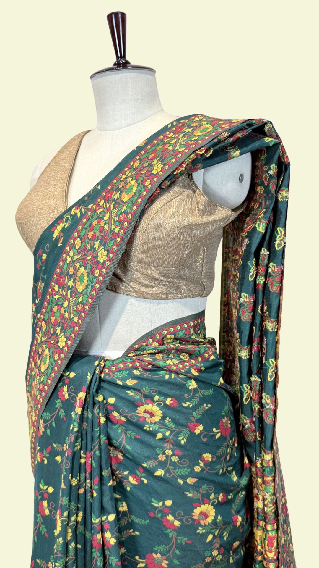 Dark Green Cotton Saree with Floral Meenakari Weaving