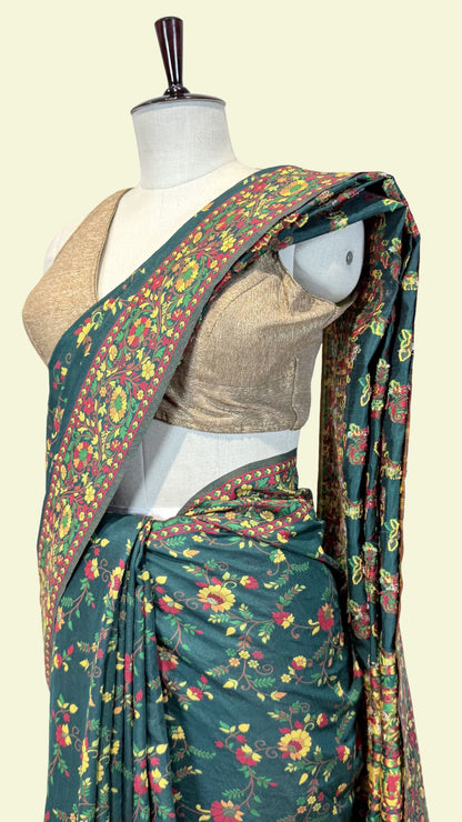 Dark Green Cotton Saree with Floral Meenakari Weaving
