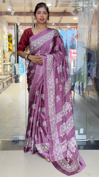 The Royal Purple Saree – Traditional Elephant Motif Soft Silk
