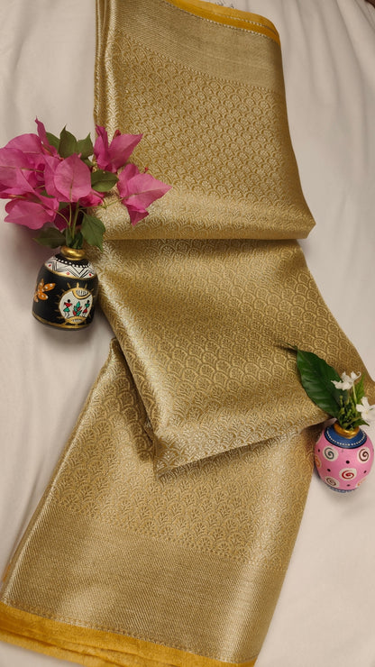 Light Yellow and cream banarasi crush tissue saree
