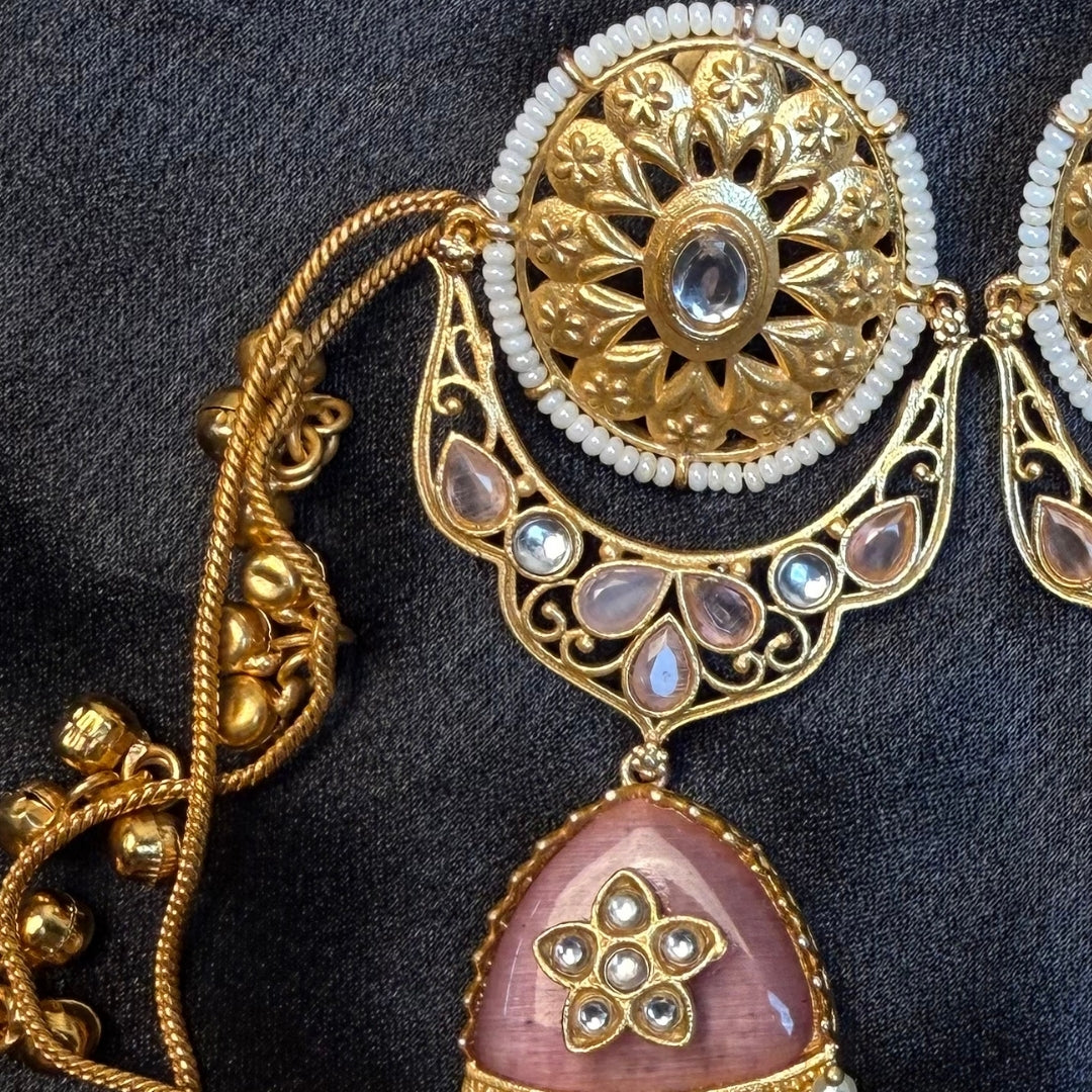 Kundan stones, pearls, and gold-plated kashmiri jhumka