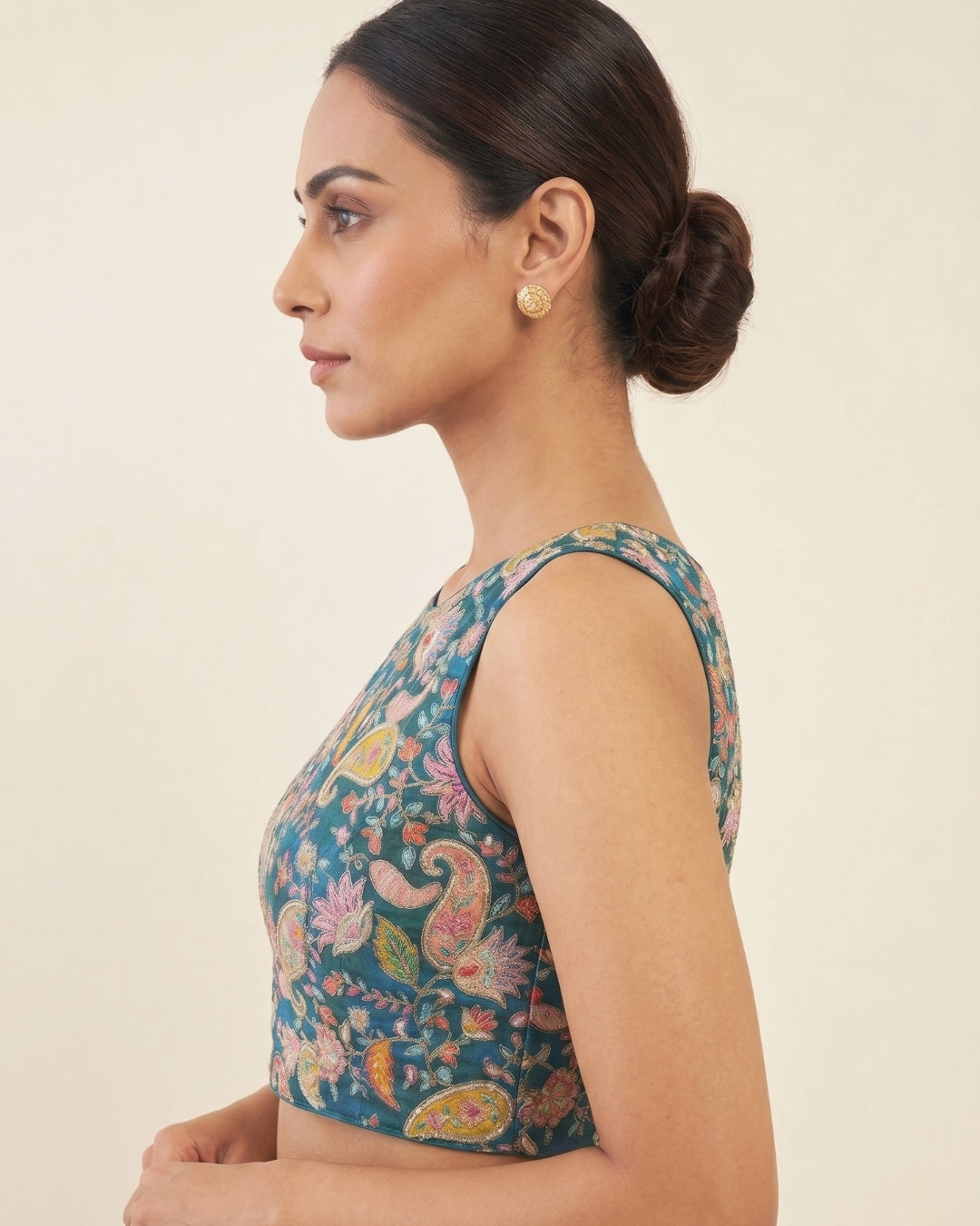 Banarashe Teal Kalamkari Floral Sleeveless Blouse