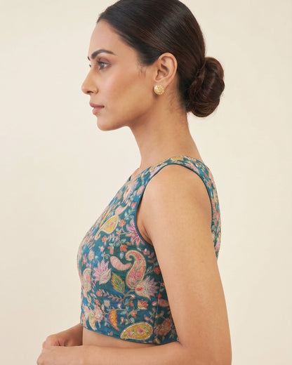 Banarashe Teal Kalamkari Floral Sleeveless Blouse